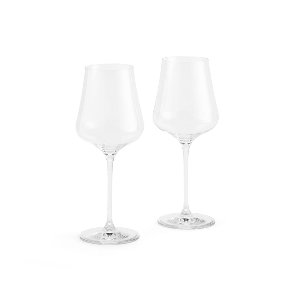 Two empty Gabriel-Glas StandArt Universal Red & White Wine Glasses by Gabriel-Glas, crafted from lead-free crystal, stand side by side on a white background, showcasing their clear bowls and elegant long stems.