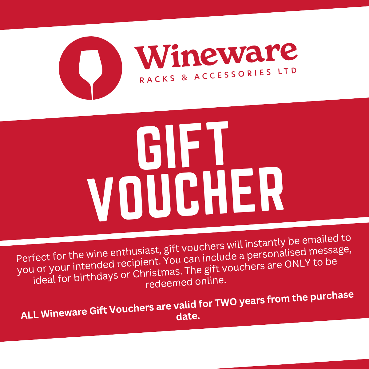 An electronic gift voucher from Wineware with a red and white design featuring text and the company's logo.