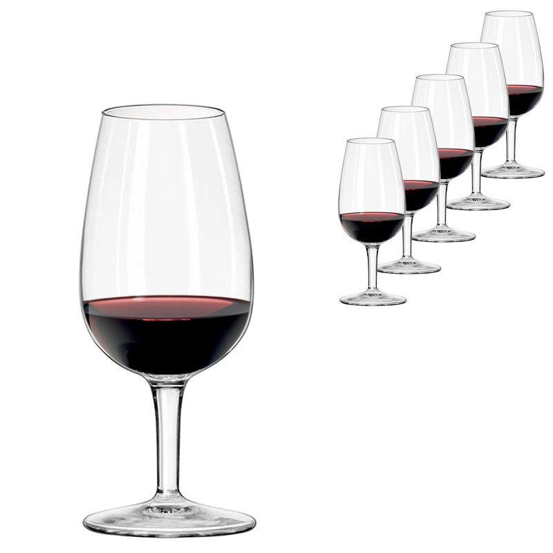 A Luigi Bormioli ISO Type Wine Tasting Glass 21.5cl filled with red wine is in the foreground, with five more glasses from the Luigi Bormioli set of 6 for professional tastings arranged in the background.