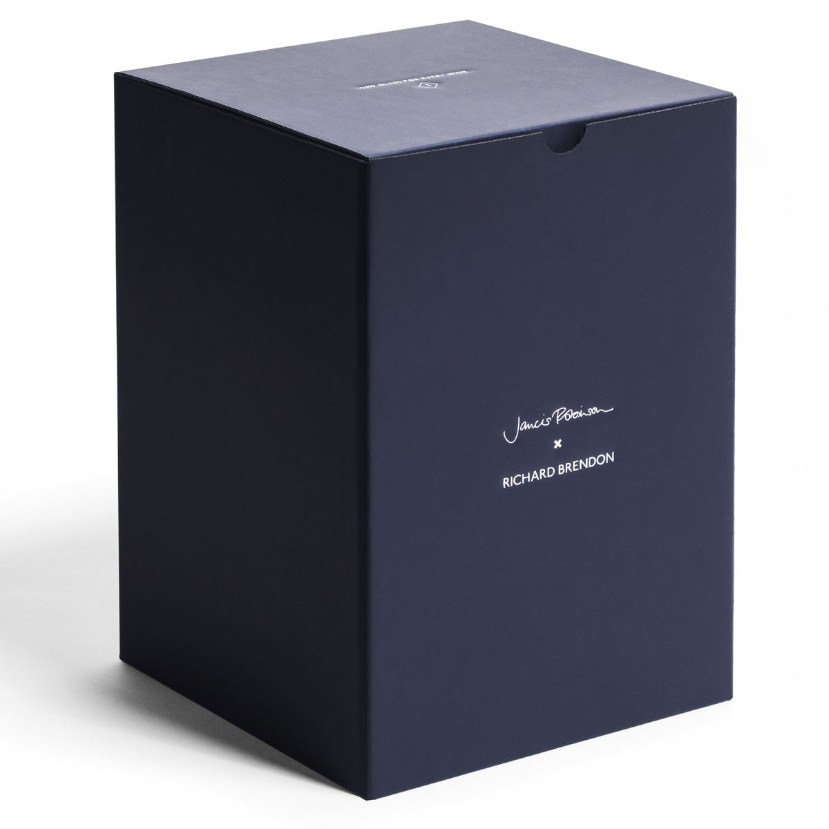 A large, dark blue rectangular box with white "Jancis Robinson x Richard Brendon" text and a white logo on the lid, ideal for presenting the 1000ml Young Wine Decanter, is displayed on a white surface.