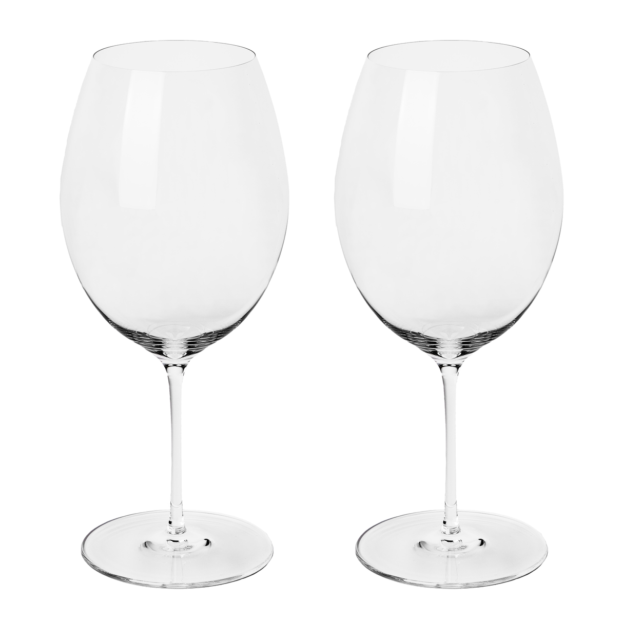 A set of two Richard Brendon The Occasional Collection Bordeaux Wine Glasses, made from clear mouth-blown crystal with long stems and wide bowls, are displayed side by side on a white background.