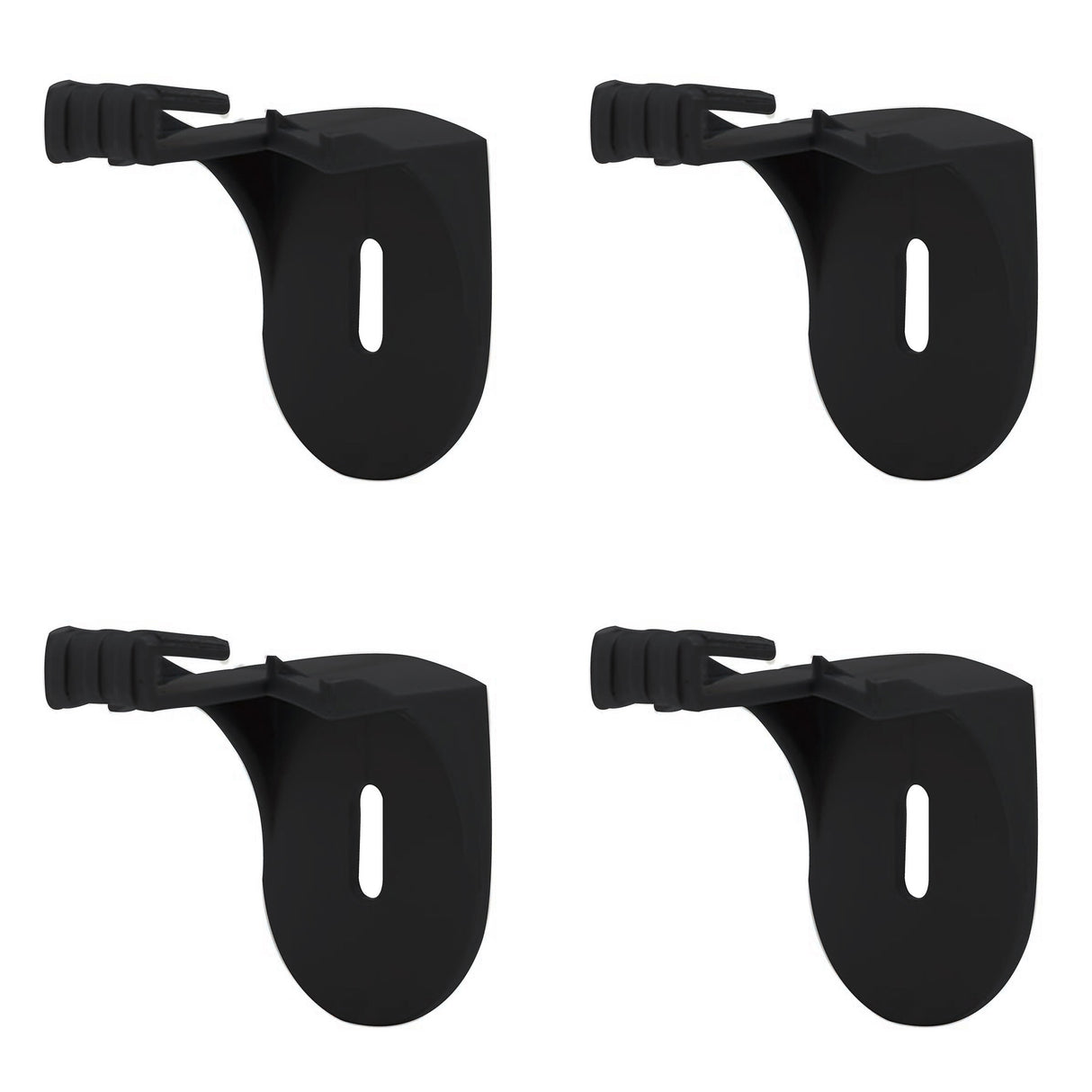 The Stakrax Plastic Wine Rack Black Wall Brackets - Set of 4, from Stakrax, features four identical black plastic brackets with slots for attachment and protruding tabs. Arranged in a two-by-two grid on a white background, these brackets are designed for use with modular wine storage systems like the Stakrax wine rack, providing sturdy and customizable support.