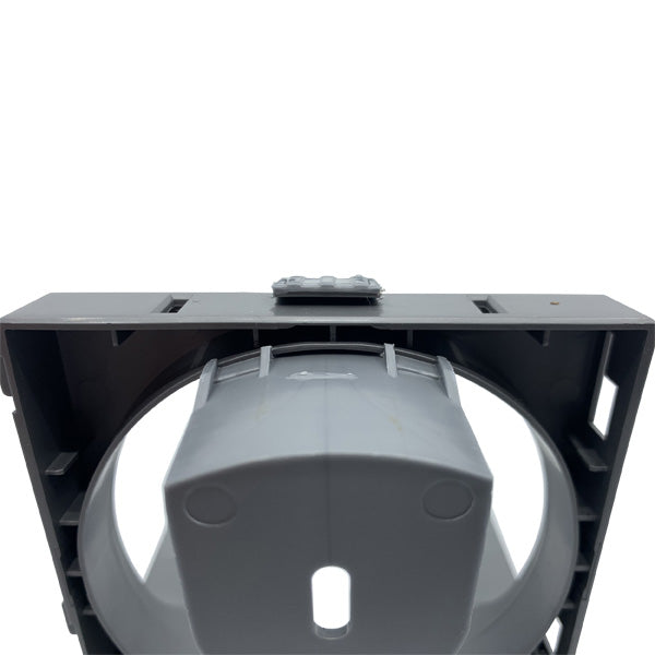 Close-up of a black plastic wall bracket with a round opening and rectangular frame, viewed from a low angle against a white background—part of the Stakrax Plastic Wine Rack Black Wall Brackets (Set of 4), an innovative component by Stakrax that enables modular, customizable wine storage solutions.