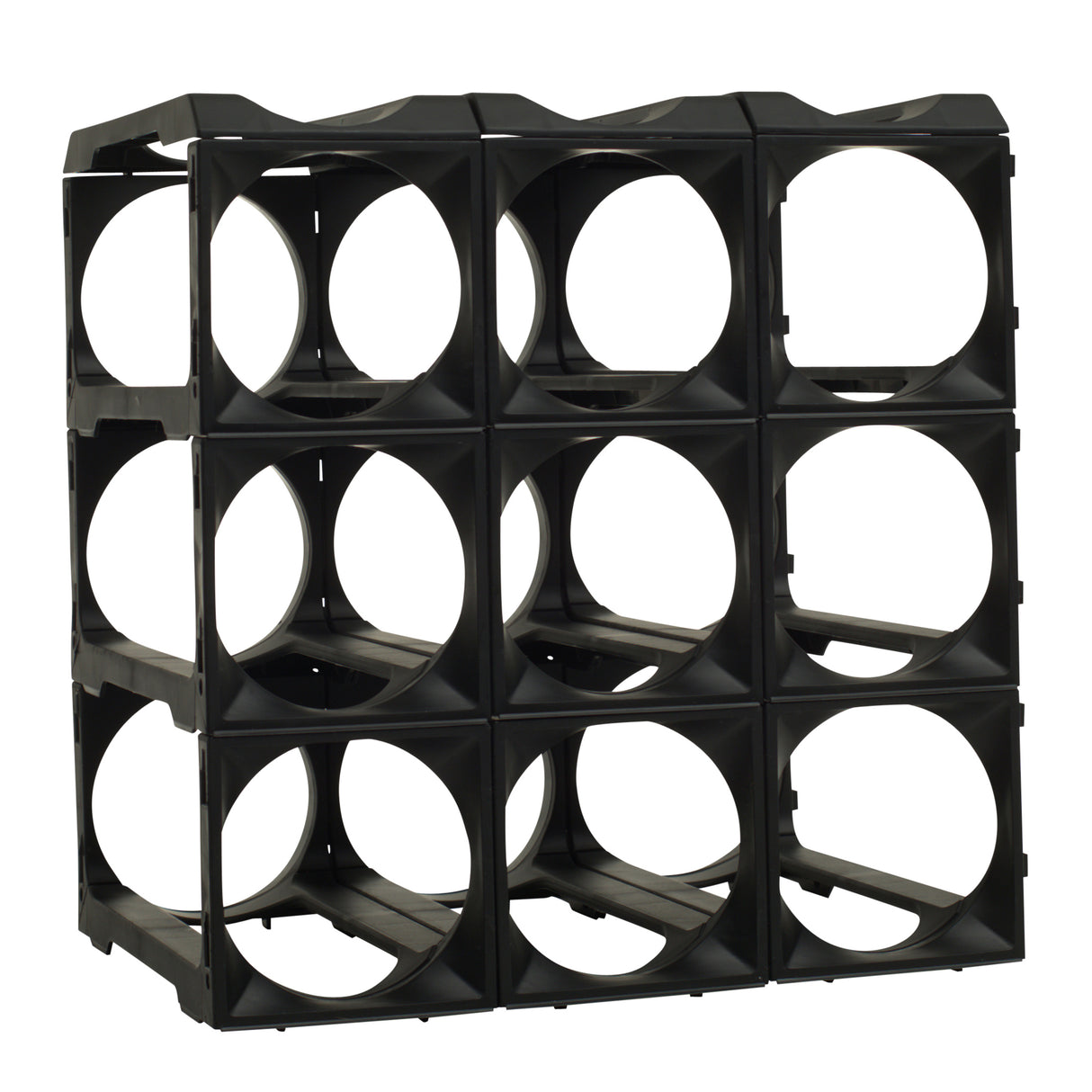The Stakrax 12 Bottle Plastic Wine Rack by Stakrax, in black, is an open modular rack with space for 12 bottles and can be expanded for flexible wine storage. Its minimalist design allows horizontal bottle placement and easy integration into larger systems.