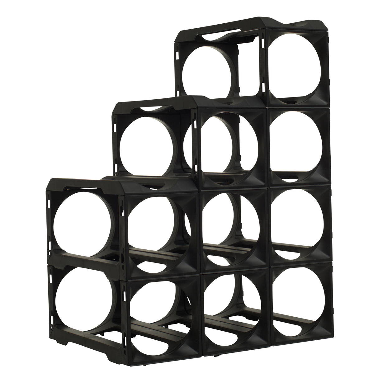 The Stakrax 12 Bottle Plastic Wine Rack by Stakrax features a modular, black design with twelve square compartments in a staircase layout, providing an expandable solution for horizontal wine bottle storage.