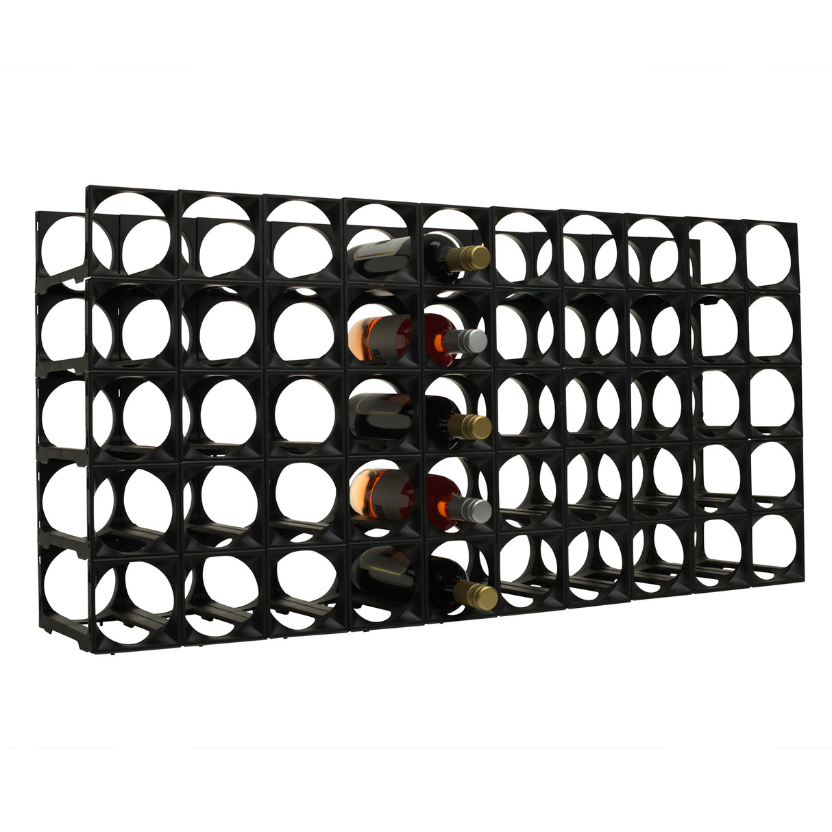 The Stakrax 50 Bottle Plastic Wine Rack in black by Stakrax is shown horizontally with a grid design, holding five bottles while other slots are empty. The expandable plastic storage system is set against a white background.
