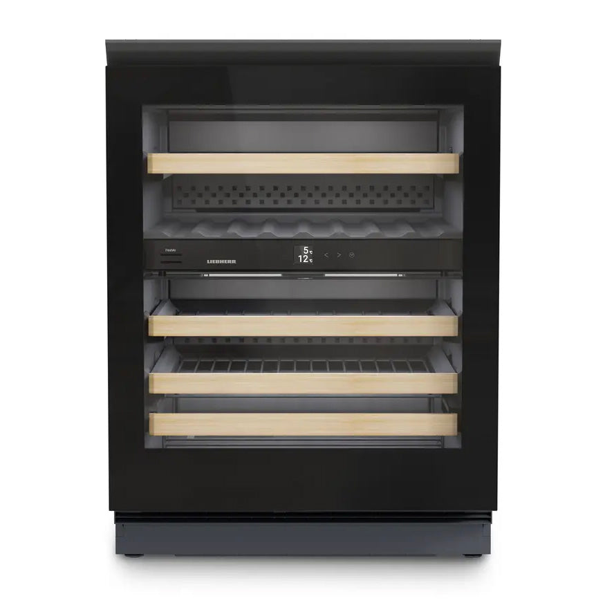 The Liebherr Vinidor UWgb 3632 is a modern black undercounter wine cabinet with a glass door, four wooden shelves, dual temperature zones, and a central digital control—ideal for sleek wine storage of up to 32 bottles.