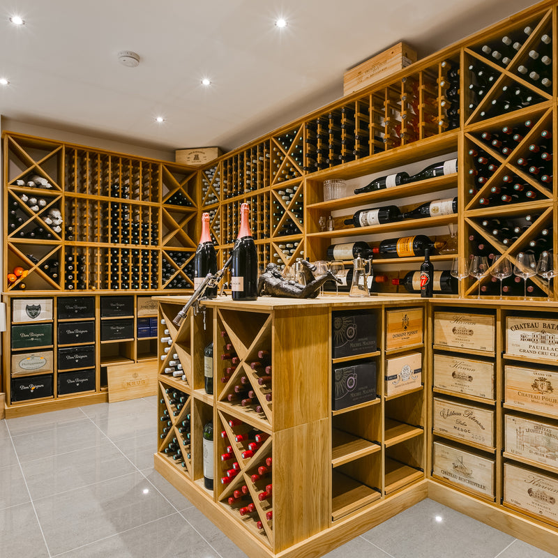 Wooden wine racking shown in a modern home/setting.