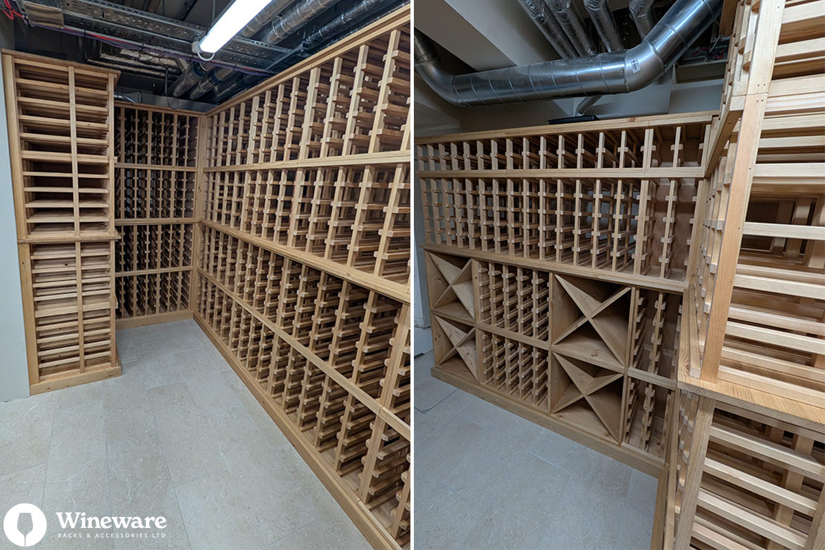 Wooden wine rack system in a room with Wineware branding.