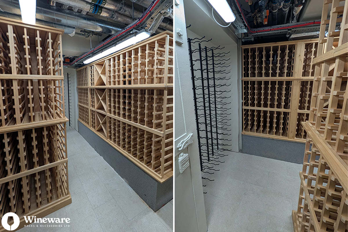 Large wine cellar with wooden racks and Wineware branding.