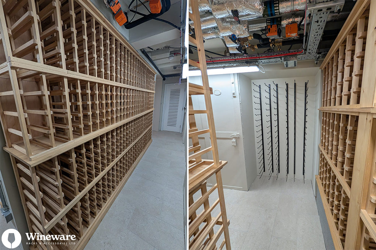 Wooden wine rack system in a storage room with Wineware branding.