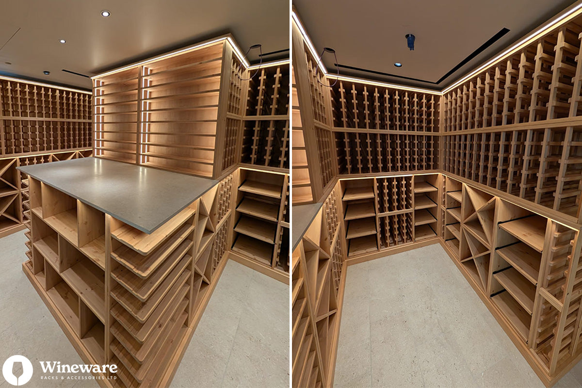 Wooden wine cellar with shelves and a table, branded 'Wineware'.