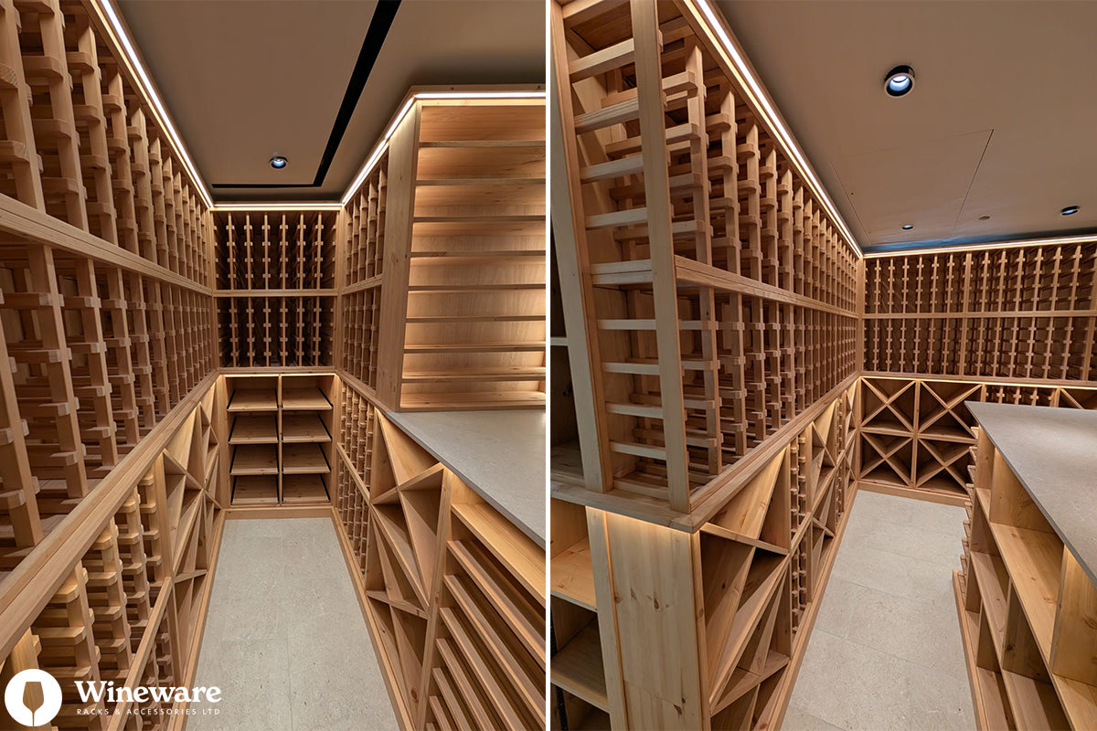 Wooden wine cellar with shelves and Wineware logo