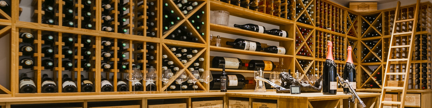 A modern wooden wine racking display, featuring various different storage methods.