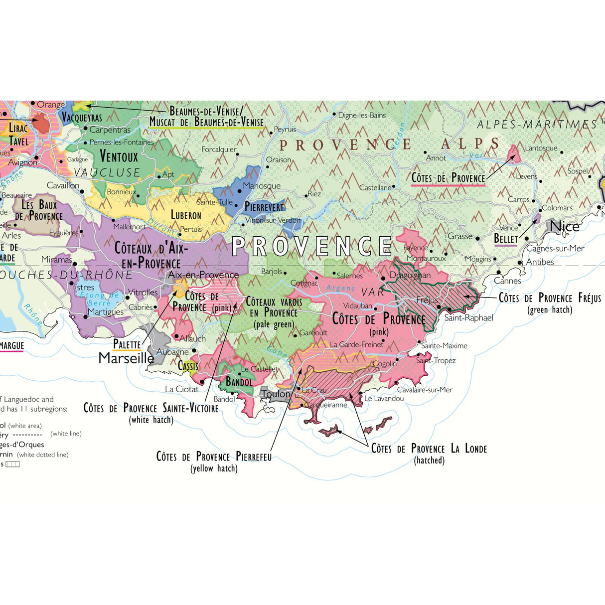 De Long’s Wine Map of France highlights the Provence wine region, labeled appellations, boundaries, major cities like Marseille, and color-coded French wine regions. By De Long.