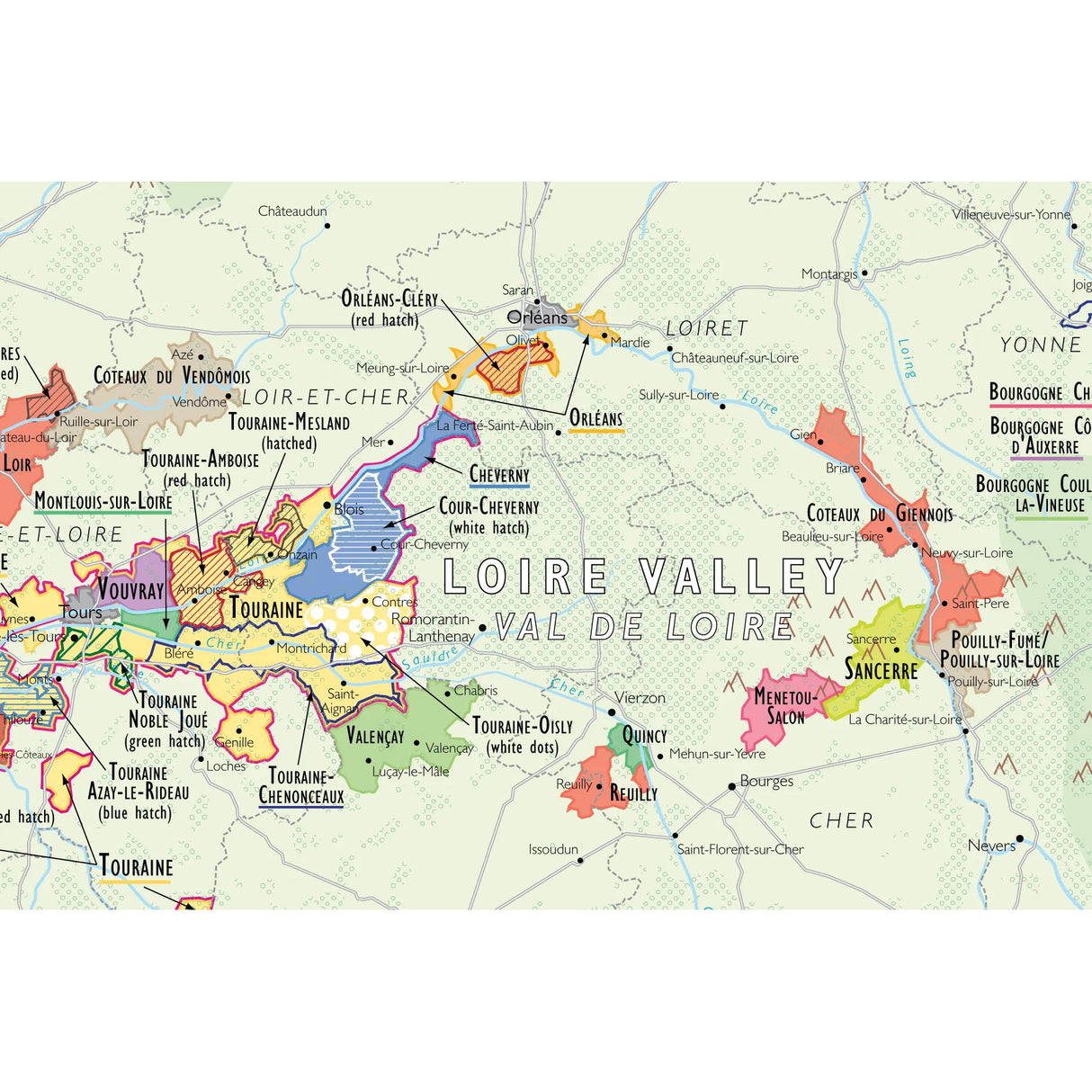 De Long’s Wine Map of France highlights the Loire Valley with detailed subregions and appellations like Sancerre, Vouvray, and Chinon, plus labeled towns, rivers, and geographic boundaries among key wine regions.