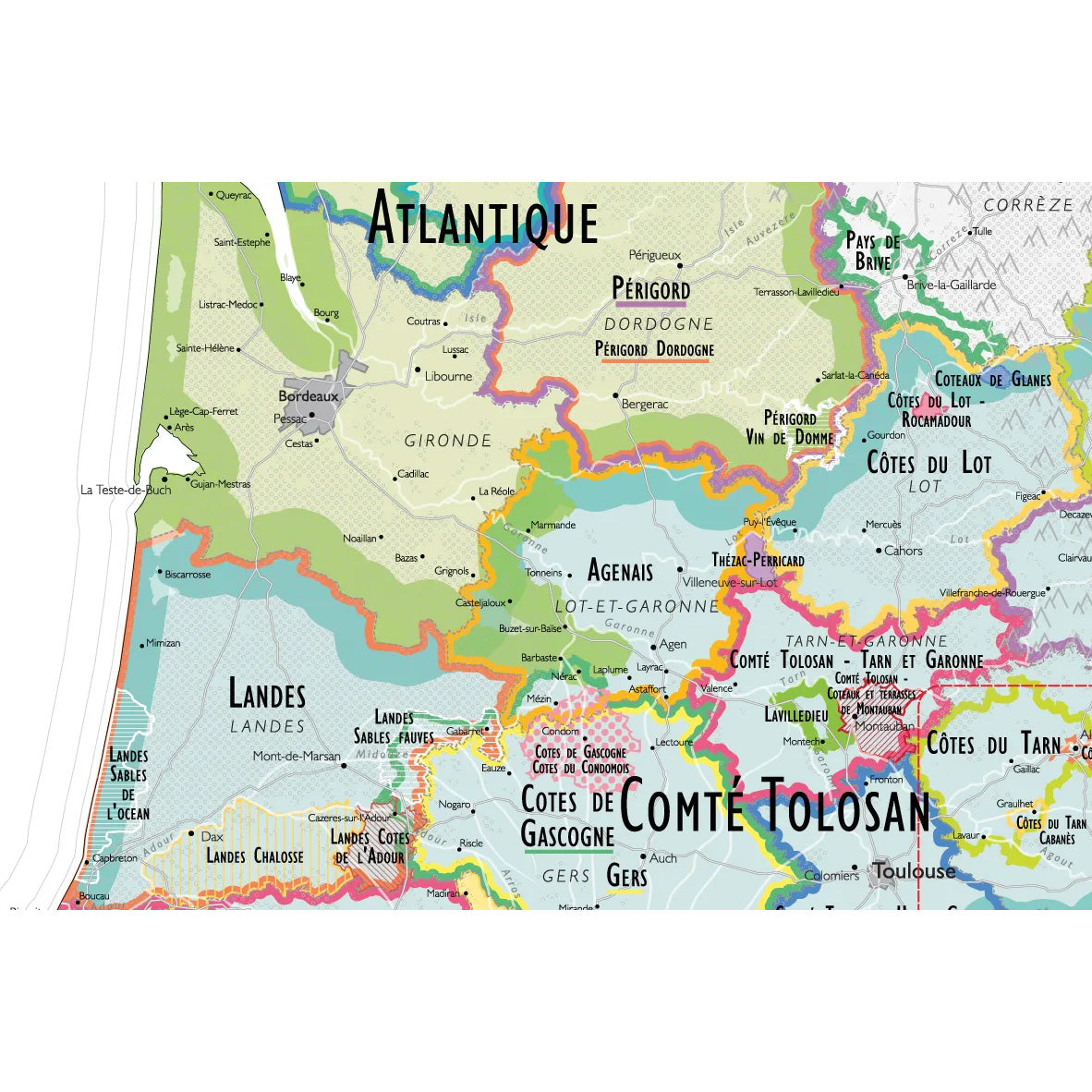 De Long’s Wine Map of France IGPs highlights southwestern regions like Atlantique, Périgord, Agenais, Landes, and Comté Tolosan with labeled borders and major towns—ideal for wine enthusiasts. From the De Long brand.