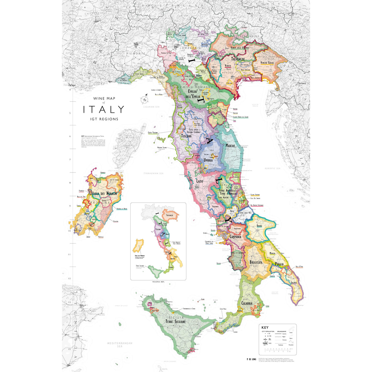 De Long’s Wine Map of Italy IGTs highlights Italian wine regions in distinct colors with regional names, includes insets for Sicily and Sardinia, and features a symbol key in the lower right corner. Brand: De Long.