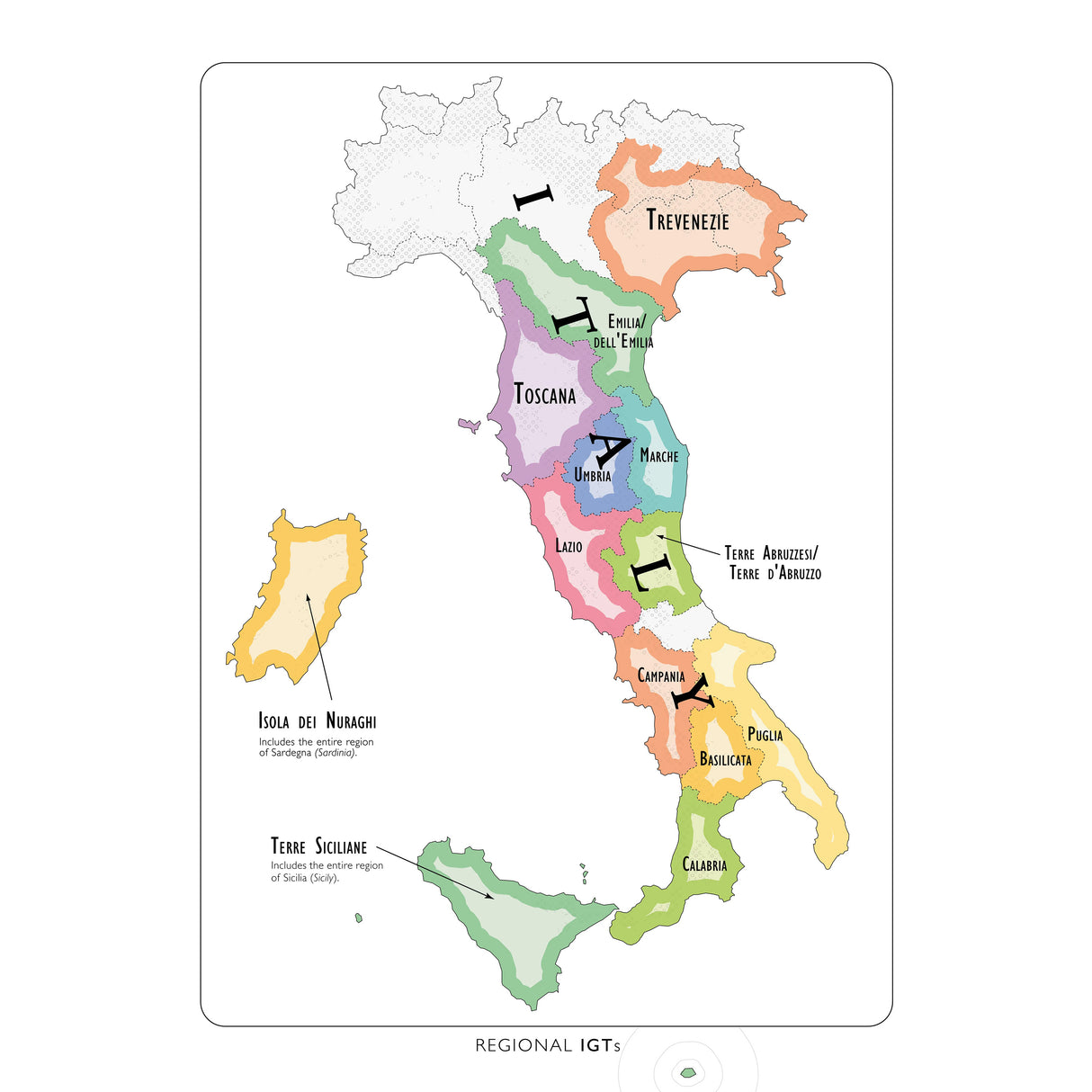De Long’s Wine Map of Italy IGTs by De Long highlights color-coded Italian wine regions like Trevenezie, Toscana, and Emilia del Po, showcasing official regional IGT wine areas.