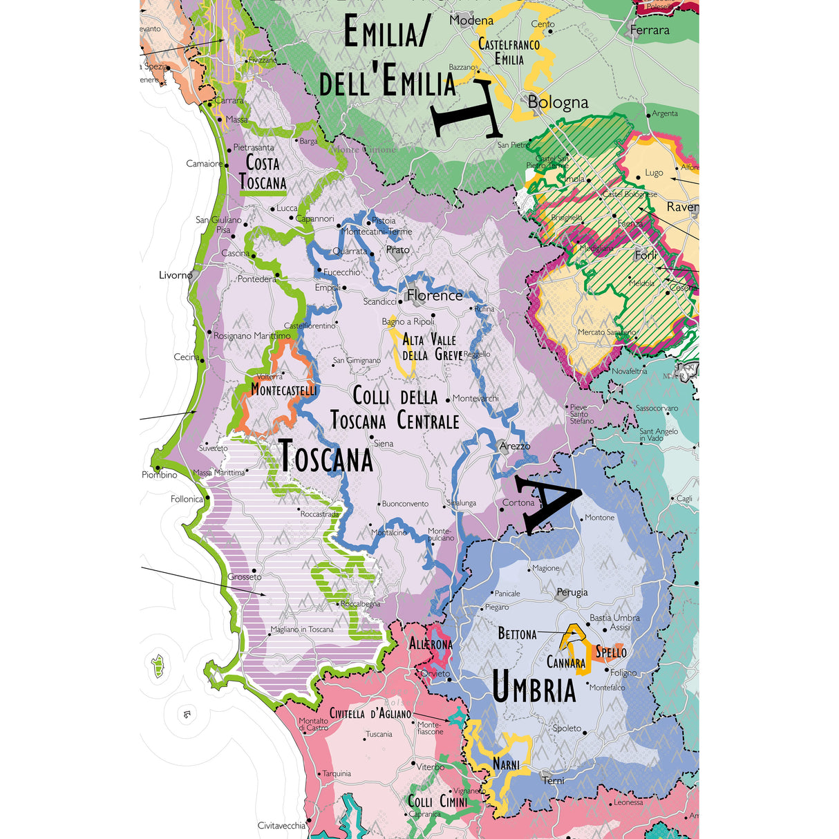 De Long’s Wine Map of Italy IGTs highlights Toscana, Emilia, and Umbria with labeled cities like Florence and Bologna. Regional borders and wine zones are clearly outlined to showcase Italian wine regions and classifications.
