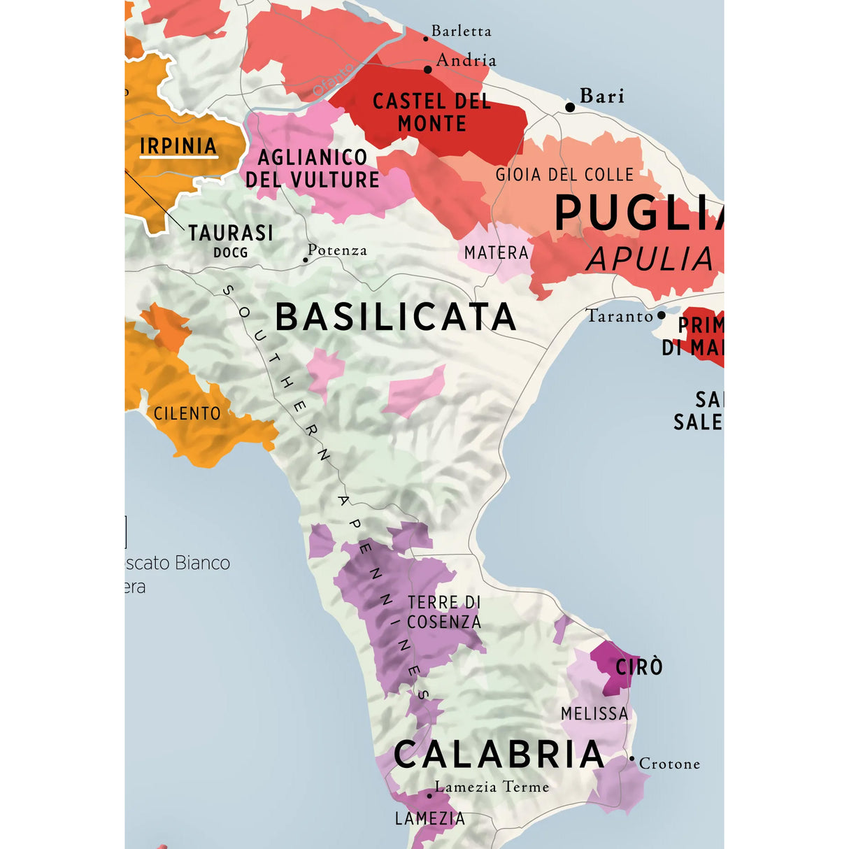 Explore southern Italian wine regions—Irpinia, Taurasi, Cilento, Aglianico del Vulture, Castel del Monte, Cirò, and Terre di Cosenza—on De Long’s VINO.ONE Series Wine Map of Italy by De Long. Perfect for wine enthusiasts.