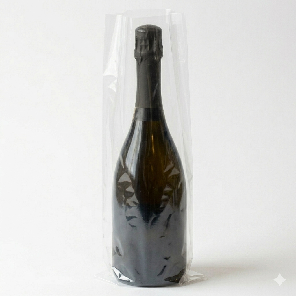 A Wineware Champagne & Magnum Wine Bottle Cellar Sleeve/Bags protects an upright dark glass bottle and keeps it dust-free against a plain white background.