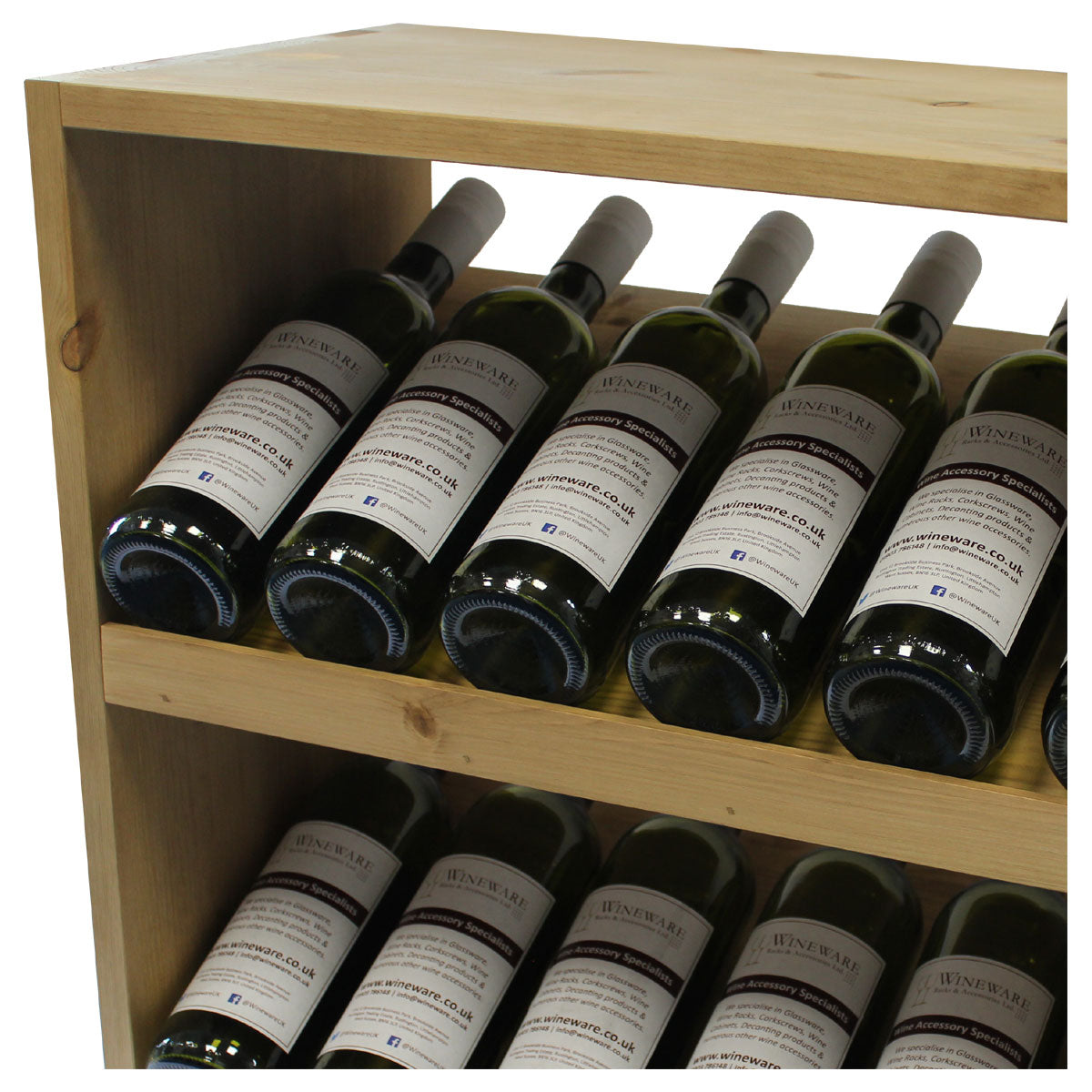 Wooden wine rack with multiple bottles of wine labeled 'Wineware' on a white background.