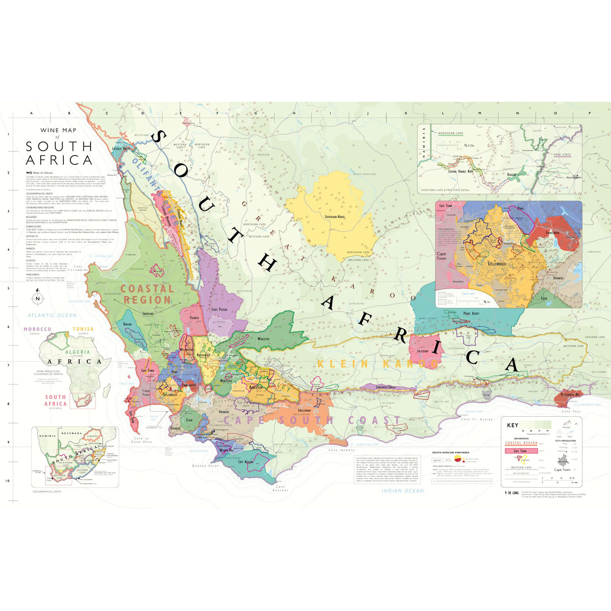 De Long’s Wine Map of South Africa – Wine Regions is a color-coded map by district and ward, featuring Stellenbosch, the Coastal Region, and Olifants River, with insets on grape varieties plus a key for symbols and geography.