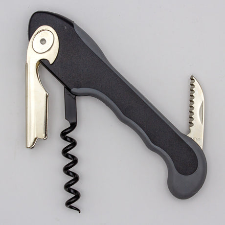 The Soft Touch 001 Single Lever Waiter's Friend Corkscrew by Soft Touch is a sleek black and silver tool featuring a bottle opener, serrated foil cutter, and spiral worm, displayed against a plain light gray background.