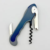 The Soft Touch 001 Single Lever Waiter's Friend Corkscrew from Soft Touch, featuring a blue and gray design with a built-in foil cutter and bottle opener, is displayed against a white background.