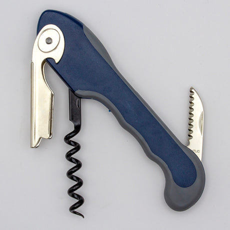 A Soft Touch 001 Single Lever Waiter's Friend Corkscrew by Soft Touch, featuring a blue and gray design with a metal lever and a small serrated knife for opening wine bottles, is shown on a plain background.