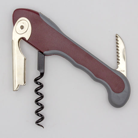 The Soft Touch 001 Single Lever Waiter's Friend Corkscrew by Soft Touch, featuring a maroon and gray handle, metal lever, and a small folding knife, is displayed open against a plain white background.