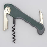 A Soft Touch 001 Single Lever Waiter's Friend Corkscrew by Soft Touch, featuring a gray and silver design with a bottle opener, serrated foil cutter, and helix worm, displayed on a white background.