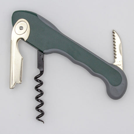 A Soft Touch 001 Single Lever Waiter's Friend Corkscrew by Soft Touch, featuring a gray and silver design with a bottle opener, serrated foil cutter, and helix worm, displayed on a white background.