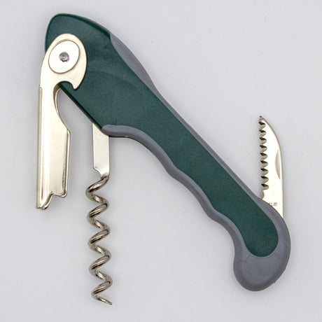 A Soft Touch 001 Single Lever Waiter's Friend Corkscrew by Soft Touch, shown in green and gray, features an open spiral, single lever corkscrew mechanism, a bottle opener lever, and a small serrated knife—all extended.
