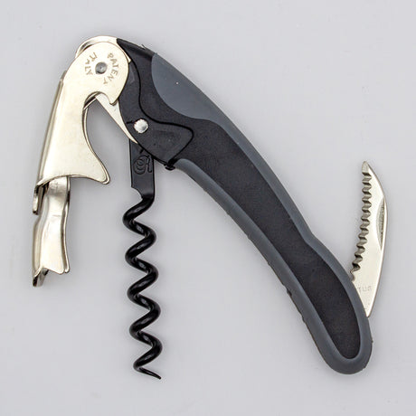 The Soft Touch 002 Double Lever Waiter's Friend Corkscrew by Soft Touch, in black and silver, features a bottle opener, serrated foil cutter, and spiral worm, displayed against a plain light background.