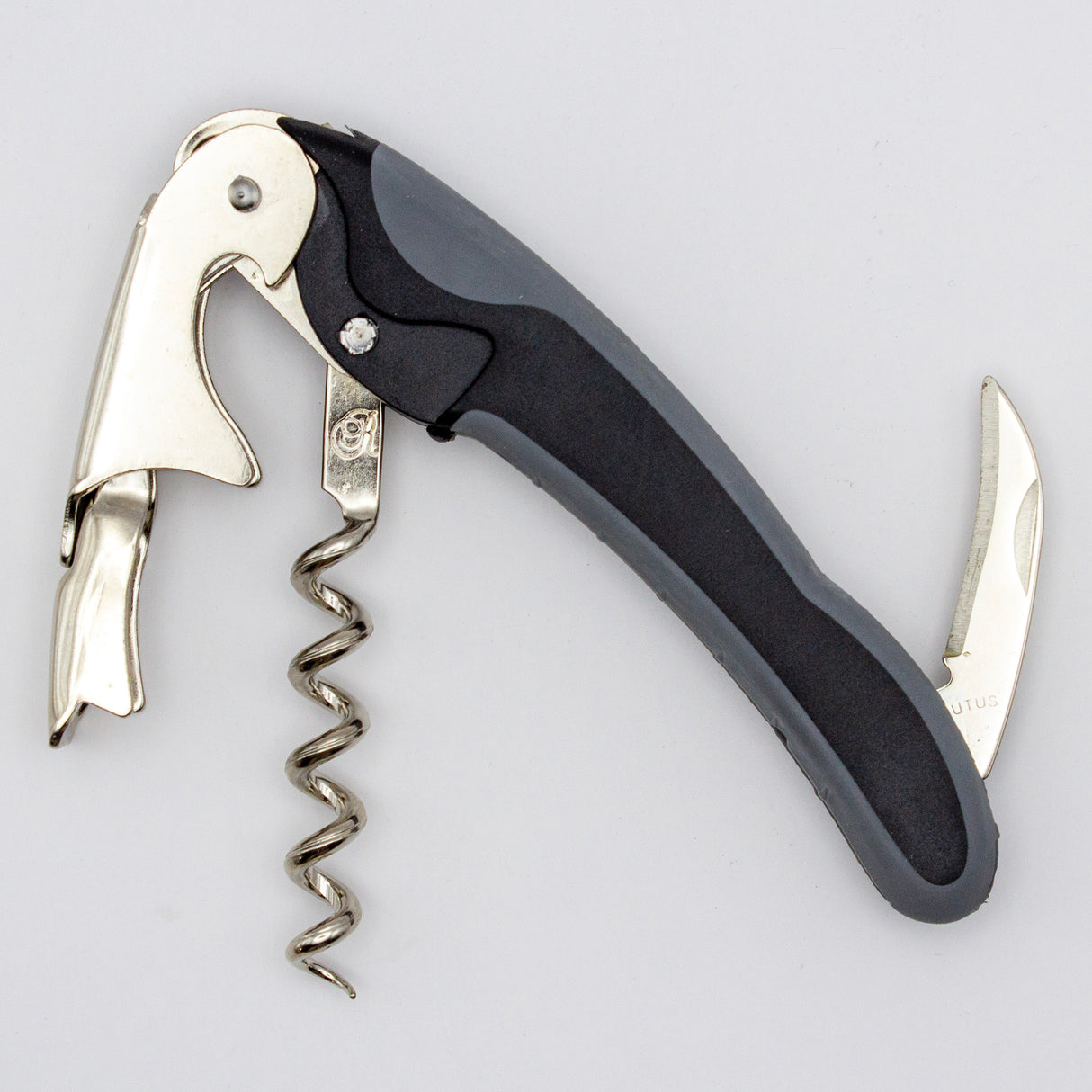 The Soft Touch 002 Double Lever Waiter's Friend Corkscrew by Soft Touch, featuring a metal and black plastic construction with a folding knife and bottle opener, is displayed against a plain white background.
