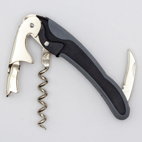 The Soft Touch 002 Double Lever Waiter's Friend Corkscrew by Soft Touch, featuring a metal and black plastic construction with a folding knife and bottle opener, is displayed against a plain white background.