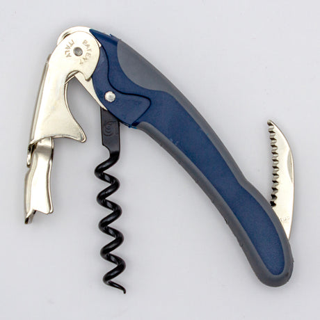The Soft Touch 002 Double Lever Waiter's Friend Corkscrew by Soft Touch, featuring a blue and silver finish, includes a foil cutter blade, bottle opener, and spiral worm, presented against a plain white background.