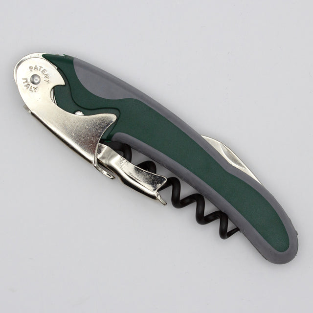 The Soft Touch 002 Double Lever Waiter's Friend Corkscrew by Soft Touch features a green and gray design with a metal lever and screw, displayed on a plain white background.