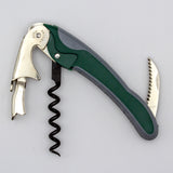 The Soft Touch 002 Double Lever Waiter's Friend Corkscrew by Soft Touch, featuring a green and gray design, comes with a foil cutter, bottle opener, and an extended spiral corkscrew, shown on a white background.