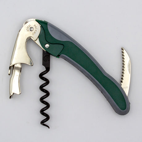 The Soft Touch 002 Double Lever Waiter's Friend Corkscrew by Soft Touch, featuring a green and gray design, comes with a foil cutter, bottle opener, and an extended spiral corkscrew, shown on a white background.
