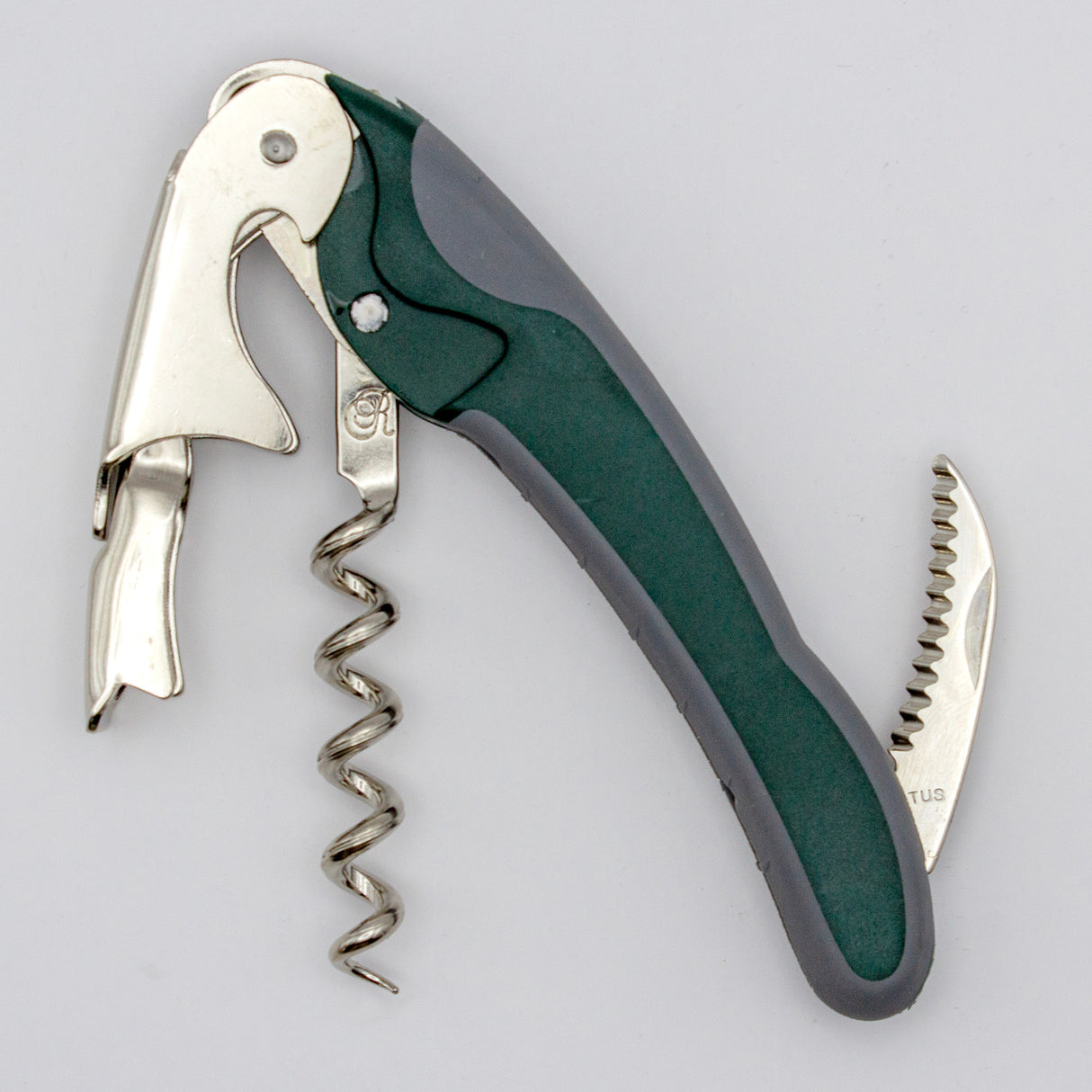 The Soft Touch 002 Double Lever Waiter's Friend Corkscrew by Soft Touch is a green and silver wine opener featuring a hinged lever, foil cutter, and spiral screw, displayed against a plain white background.