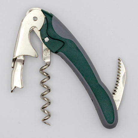 The Soft Touch 002 Double Lever Waiter's Friend Corkscrew by Soft Touch is a green and silver wine opener featuring a hinged lever, foil cutter, and spiral screw, displayed against a plain white background.
