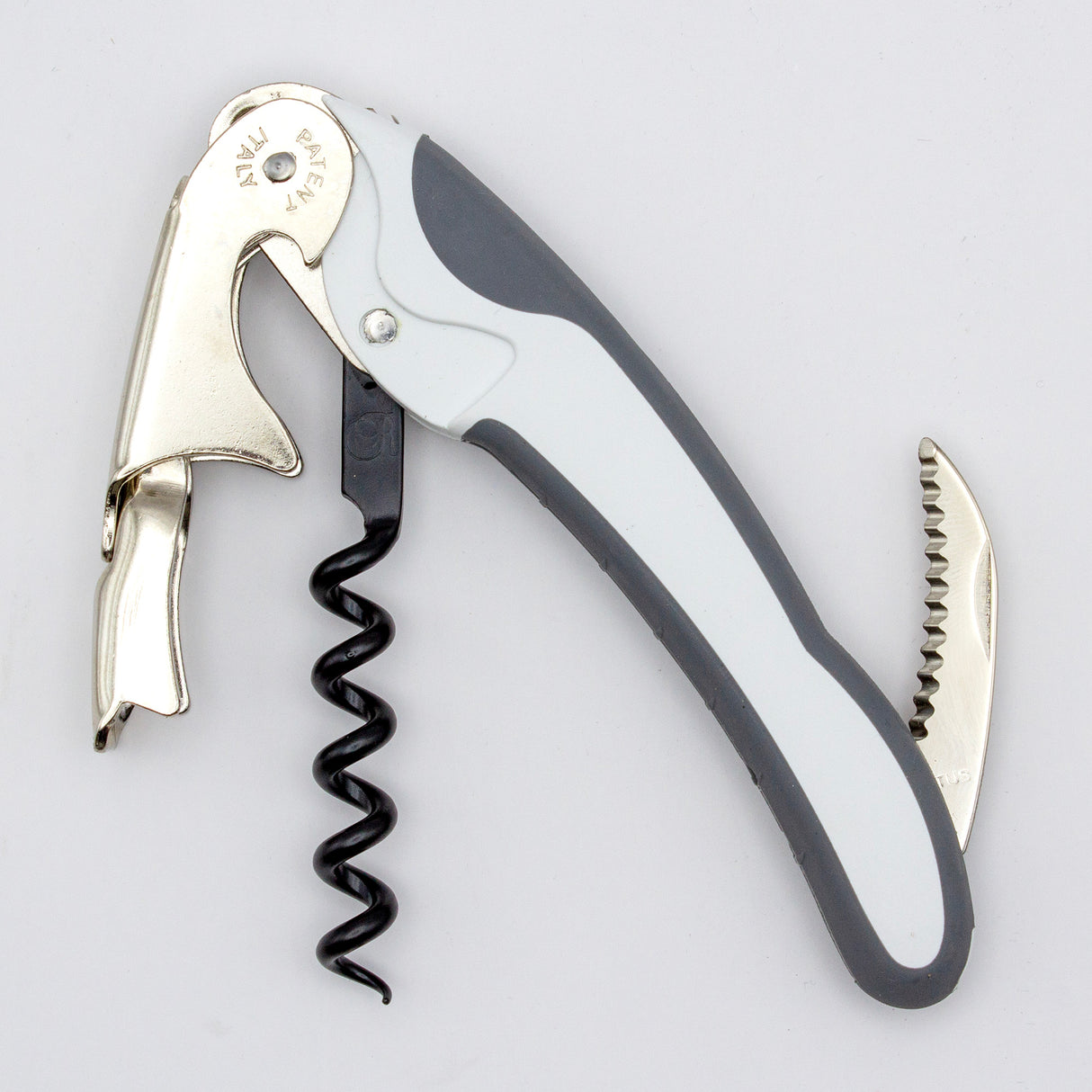 The Soft Touch 002 Double Lever Waiter's Friend Corkscrew by Soft Touch is a metal and plastic wine opener featuring a foldable double lever, integrated bottle opener, and small serrated knife, designed for efficiently opening wine bottles.