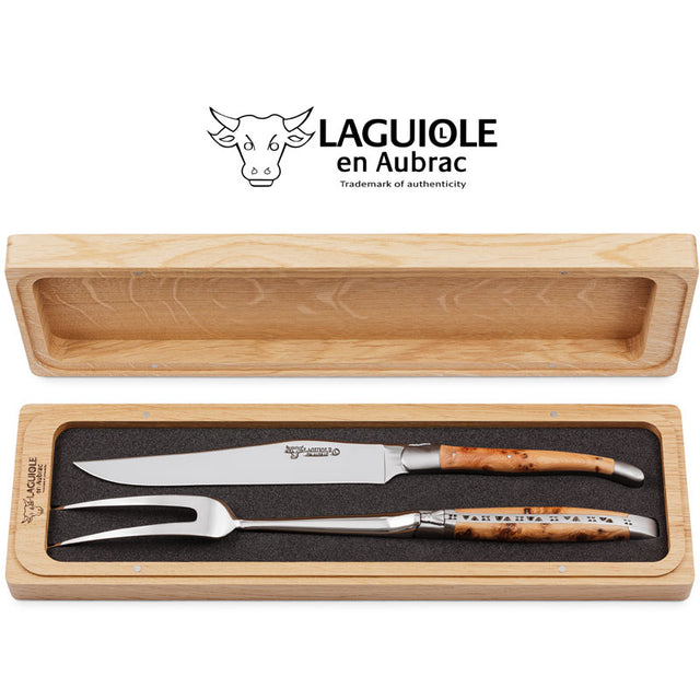 Laguiole en Aubrac 2 Piece Knife and Fork Carving Set - Juniper Wood Handles