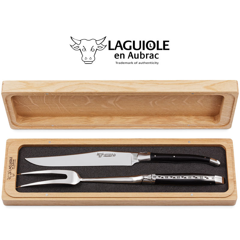 Laguiole en Aubrac 2 Piece Knife and Fork Carving Set - Ebony Wood Handles