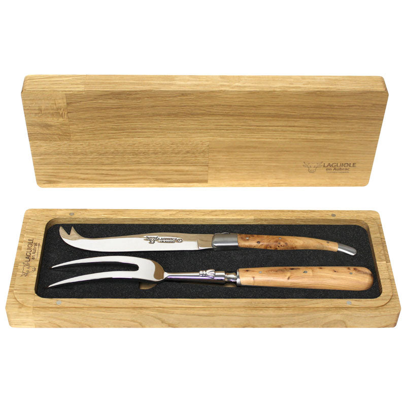 Laguiole en Aubrac 2 Piece Cheese Knife & Holding Fork Set - Juniper Wood Handles