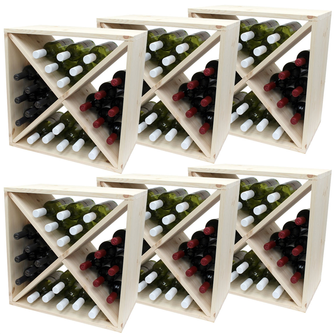 Pine Wooden Wine Rack - Cellar Cube - 144 Bottles - 298mm Deep - Set of 6