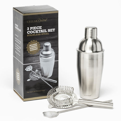 CellarDine 3 Piece Cocktail Making Gift Set - Shaker, Stirrer, Strainer